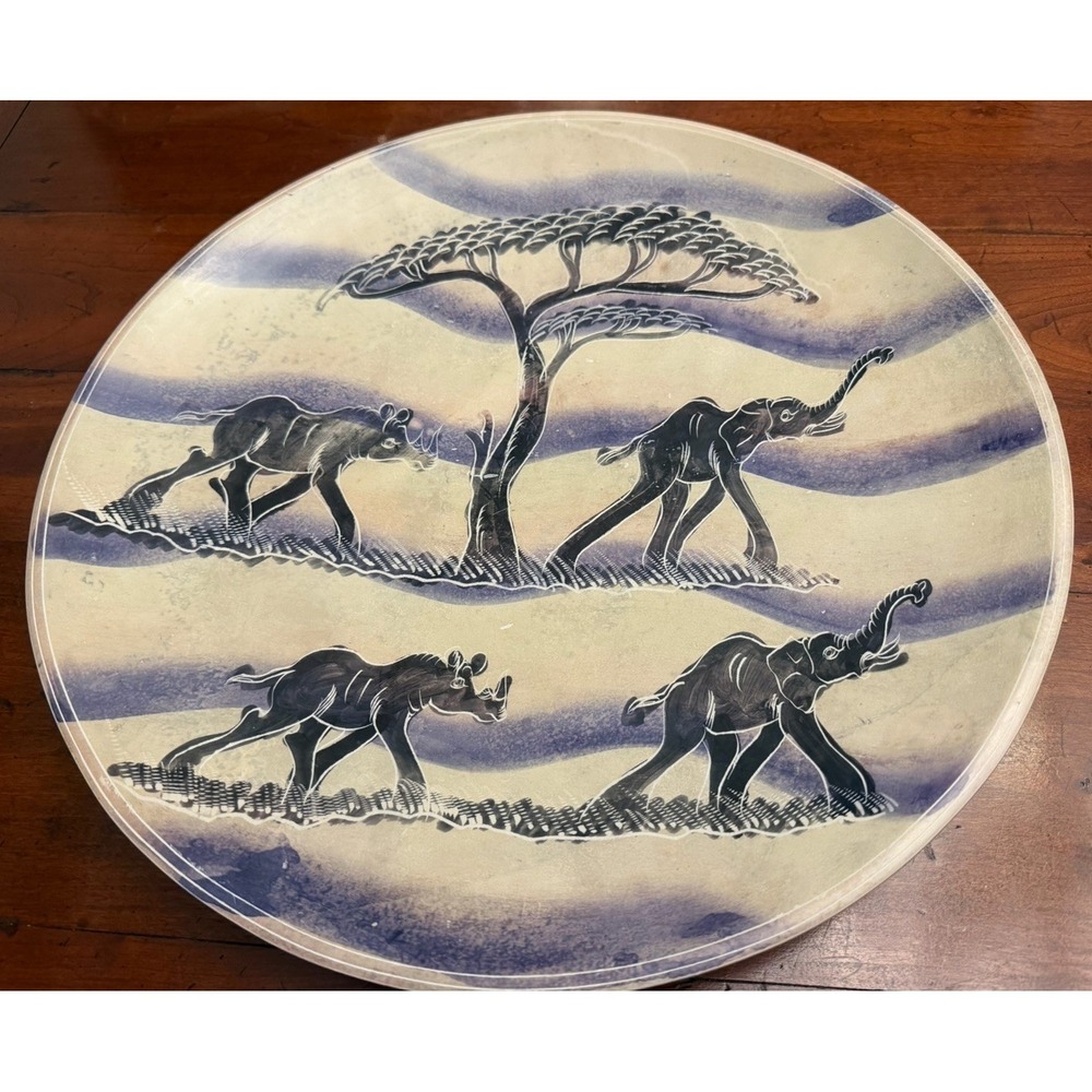 Vintage African Soapstone Charger Plate Hand Carved‎ Safari Elephants Kenya Art